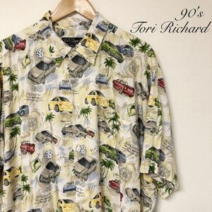 USA製 /90's /Tori Richard /トリリチャード メンズ2XL アロハシャツ 柄シャツ 車柄 パームツリー 涼感 柄合わせ アメカジ ビンテージ古着