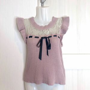 evelyn Evelyne frill ribbon race knitted pink M mass production ground .