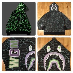 ★蓄光★ XL TEXT CODE CAMO SHARK FULL ZIP HOODIE a bathing ape BAPE シャーク パーカー エイプ ベイプ アベイシングエイプ 迷彩 z1288