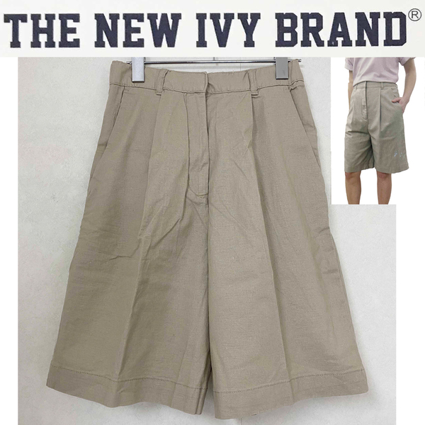 新品 M ★ コストコ THE NEW IVY BRAND レディース ハーフパンツ US-S カーキ リネン 麻 ショートパンツ ウエストゴム ベージュ ストレッチ