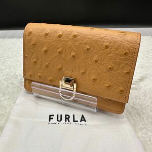 【極美品】FURLA フルラ カードケース オーストリッチ キャメル