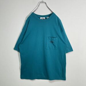 【シンプル】90s USA製 DOCKERS ワンポイント ポケット付Tシャツ L 緑がかった青 ドッカーズ