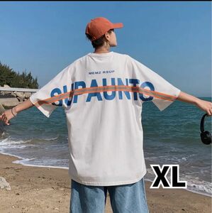 オーバーサイズ 白 Tシャツ XL 半袖 五分丈 プリント 海