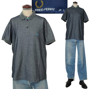 ★【USED品 国内正規品 日本製】 FRED PERRY フレッドペリー FZ1492 コットンポリ 衿袖先切り替 半袖 ポロシャツ サイズ L グレーネイビー