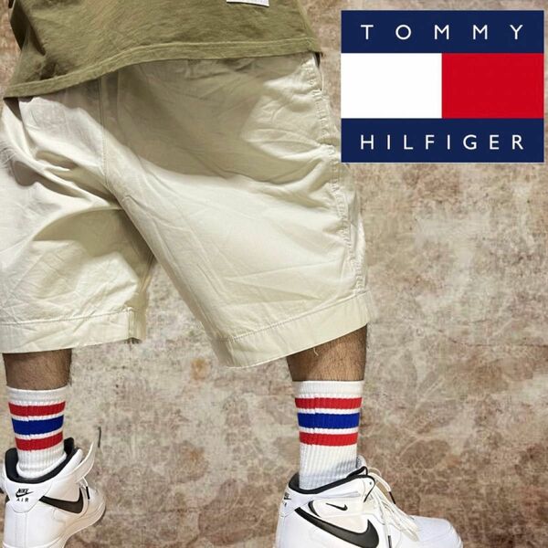 90s 極太 Tommy ワイド バギーパンツ ショーツ 刺繍 b系 ハーフパンツ 半ズボン