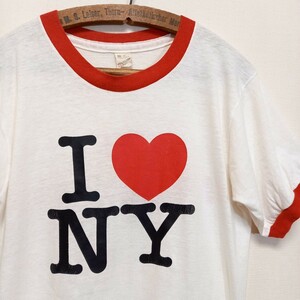 80s アメリカ製 SCREEN STARS I LOVE NY リンガーTシャツ Mサイズ ビンテージ USA製 I NY スクリーンスターズ フロッキープリント
