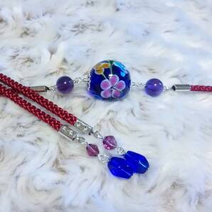 SALE●浴衣用小物 WWW 花柄紺色とんぼ玉 紫水晶 浴衣用帯締め えんじ色●