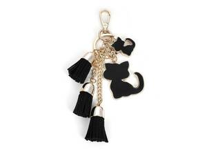 猫 キーホルダー ブラック バッグチャーム ネコチャーム 革 タッセルチャーム キーリング 誕生日 プレゼント バッグアクセサリー 鍵