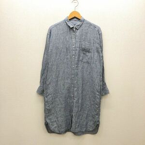 [.096] Muji Ryohin полоса рисунок linen One-piece M размер темно-синий длинный рукав колени внизу длина передний открытие незначительный земля свободно лен 100% бренд б/у одежда бесплатная доставка 