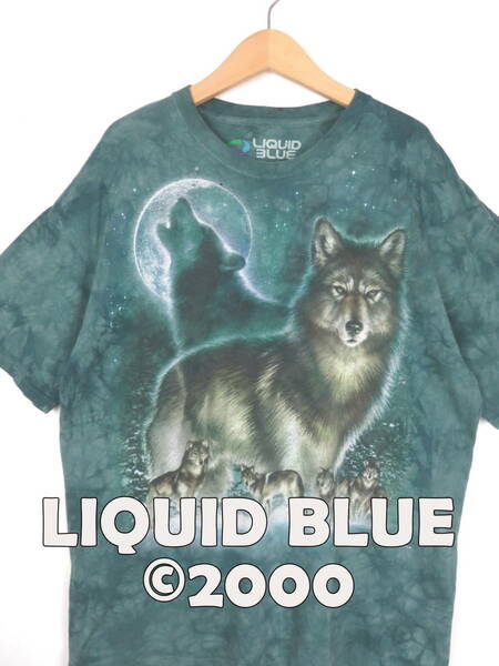 00s リキッドブルー ★ 2000年 オオカミ Tシャツ XXL ★ LIQUID BLUE アニマル プリント 動物 古着 ヴィンテージ タイダイ 狼 メンズ