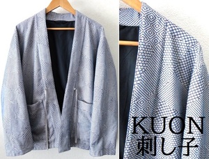 美品/KUON:クオン/総刺し子 刺繍入り ノーカラー 野良着 ジャケット/Lsize/ライトグレー/着物 キモノ 羽織り 作務衣 BEAMS別注 