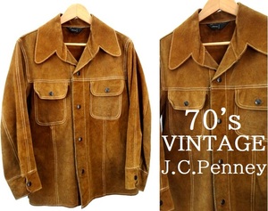 70's ヴィンテージ/JC Penney:ジェーシーペニー/上質 牛革/カウレザー スエード シャツ ジャケット/ブラウン/size46(M～L相当)/70年代