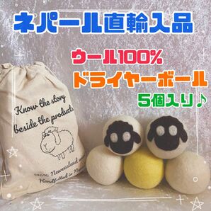 【ウール100%】ネパール直輸入品　ドライヤーボール　ウールボール　羊柄　保存袋付き　乾燥　ハンドメイドインネパール　ひつじ