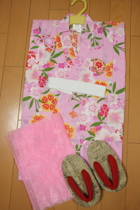  new goods * child yukata 3 point set * girl 100cm pink wild pink ./ waist band geta / 7 . also 