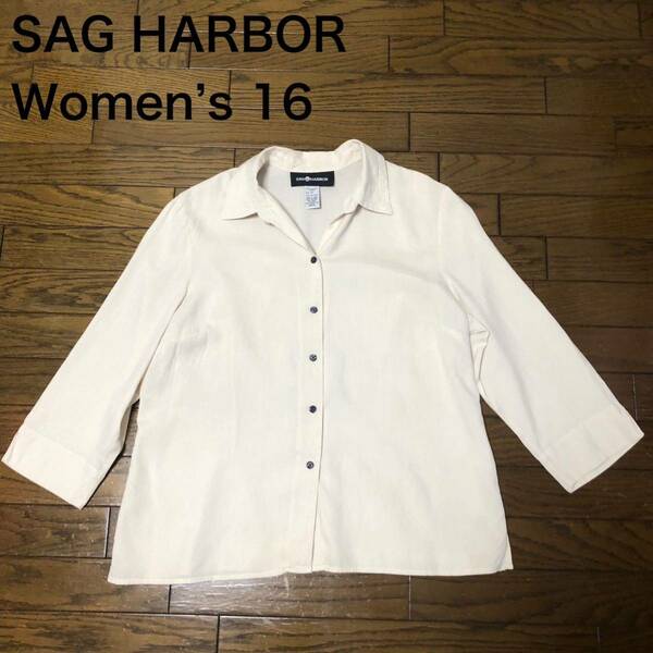 【送料無料】SAG HARBOR シルク100%七分袖シャツ　アイボリー　レディース16サイズ　ハワイアンアロハシャツ半袖長袖