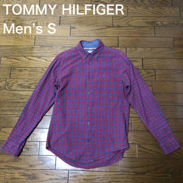 【送料無料】TOMMY HILFIGER長袖シャツ　赤ネイビーチェック柄　メンズSサイズ　トミーヒルフィガーネルシャツ