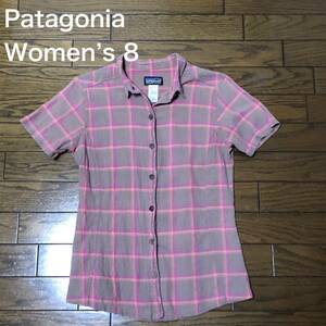 【送料無料】Patagonia半袖シャツ　カーキピンクチェック柄　レディース8サイズ　パタゴニアアウトドア登山