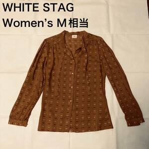 【送料無料】WHITE STAGリボン紐付き長袖シャツ　茶色総柄　レディースMサイズ相当　ホワイトスタッグブラウス