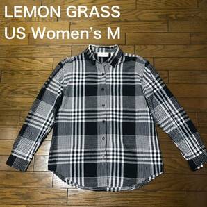 【送料無料】LEMON GRASS コットン100%長袖シャツ　黒白チェック柄　USレディースMサイズ（XLサイズ相当）
