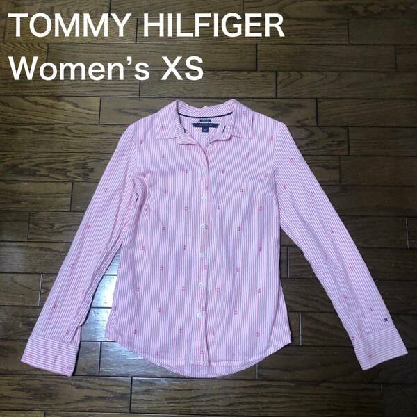 【送料無料】TOMMY HILFIGER長袖シャツ 白ピンクストライプ柄　レディースXSサイズ　トミーヒルフィガー