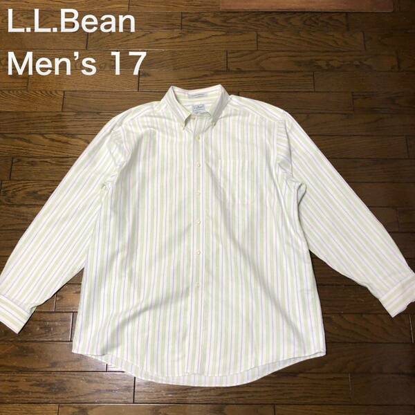 【送料無料】L.L.Bean長袖シャツ　緑白青ストライプ柄　メンズ17サイズ　エルエルビーンアウトドア登山