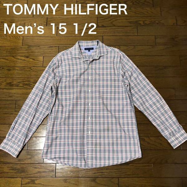 【送料無料】TOMMY HILFIGER長袖シャツ 白赤グレーチェック柄　メンズ15 1/2サイズ　トミーヒルフィガー