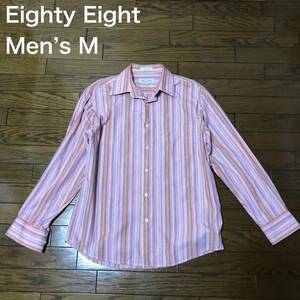 【送料無料】Eighty Eight 長袖シャツ　ピンク系マルチカラーストライプ柄　メンズMサイズ　エイティーエイトワイシャツ