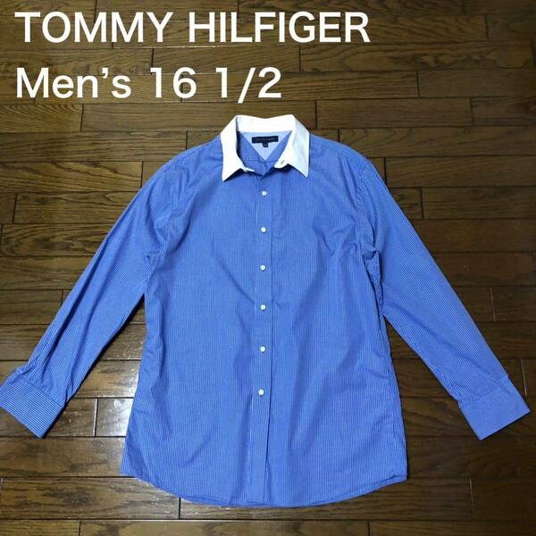 【送料無料】TOMMY HILFIGER長袖シャツ　青チェック柄×白　メンズ16 1/2サイズ　クレリックシャツワイシャツトミーヒルフィガー