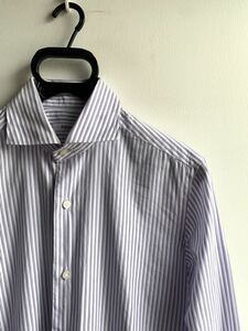 【美品】BARBA ドレスシャツ メンズ 38 ストライプ 白×パープル 綿100% イタリア製 バーニーズニューヨーク購入 バルバ