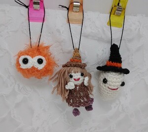 [ hand made ] knitting knitting wool braided Halloween ornament 3 piece set ...,. woman, pumpkin 2f