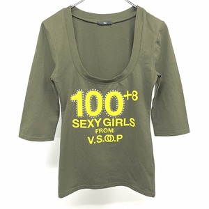 スライ SLY Tシャツ 5分袖 Uネック ラインストーン SEXY GIRS ストレッチ 綿×ポリウレタン M ヘザーグリーンカーキ 緑系×黄色 レディース