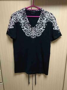 国内正規 14SS ALEXANDER McQUEEN アレキサンダー マックイーン ラウンドネック プリント Ｖネック Tシャツ カットソー 黒 S 340220 QCZ64