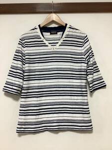 ろ1189 NICOLE CLUB FOR MEN ニコルクラブフォーメン Vネック 5部袖Tシャツ 48 ボーダー カットソー ホワイト/ネイビー