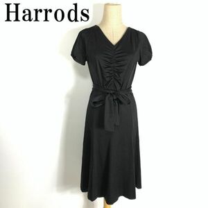 LA7619 ハロッズ 絞りフレアワンピース 黒ブラック 半袖 絹シルク Harrods 裏地スカート付き ウエストリボン紐付き ストレッチ 2