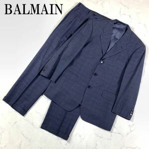 LA7781 バルマン セットアップ スーツ 紺グレーネイビー チェック柄BALMAIN 上下セット フォーマル ネーム刺入り ウール100％