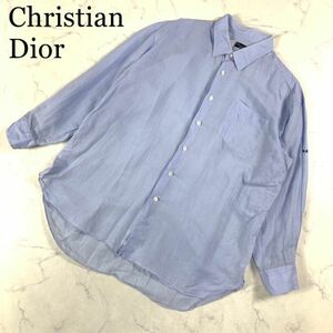 LA8006 クリスチャンディオール リネンシャツ 水色ライトブルー 長袖Christian Dior ワイシャツ カッターシャツ 麻生地混 綿コットン