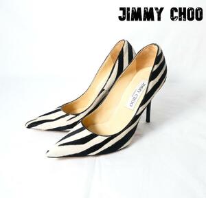 美品 JIMMY CHOO ジミーチュウ サイズ34 約21㎝ オフホワイト×ブラック ポインテッドトゥ ピンヒール パンプス ハラコ ゼブラ柄