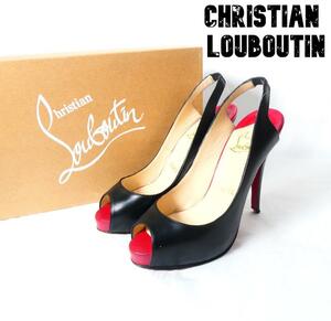 良品 Christian Louboutin クリスチャンルブタン 35 約22㎝ レザー パンプス オープントゥ ハイヒール スリングバック 黒 ブラック