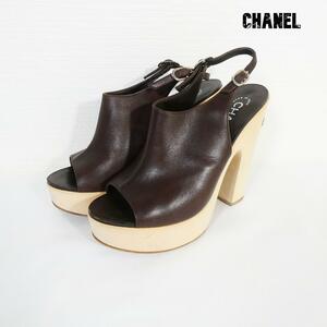 良品 綺麗 CHANEL シャネル 38 約24㎝ オープントゥ チャンキーヒール スリングバック サボサンダル レザー ココマーク ウッドソール 茶