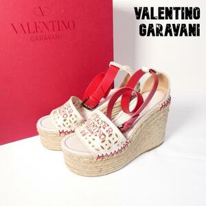 極美品 VALENTINO GARAVANI ヴァレンティノガラヴァーニ 36.5 23.5㎝ 厚底 ウェッジソール サンダル ロゴ 刺繍 ストラップ アイボリー