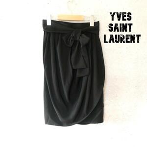 美品 YVES SAINT LAURENT イヴサンローラン サイズM ラップスカート 巻きスカート リボン タック 膝丈 黒 ブラック