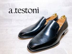 イタリア製【未使用】a.testoni ア・テストーニ 最高級 レザーローファー ビジネスシューズ 本革 黒 UK8.5G（約27cm）