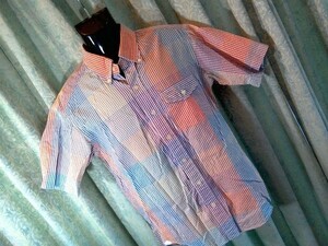 ｍｈ7　ＳＣＨＩＡＴＴＩ　Ｍサイズ　マルチカラー　オレンジ青紫チェック　半袖シャツ　コットン100％