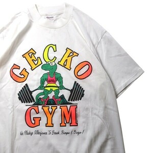 オールドサーフ! 80s USA製 STEDMAN GECKO GYM ヴィンテージ ヤモリ キャラクター ロゴ プリント 半袖 Tシャツ ホワイト 白 M メンズ 希少