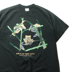 希少! 90s USA製 JERZEES ヴィンテージ RED EYES TREE FROGS World Wildlife Fund カエル プリント 半袖 Tシャツ ブラック 黒 L メンズ古着