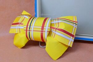 h472 付け帯 作り帯 黄色 チェック リボン型 浴衣 着物 和装小物 /100