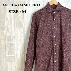 M2915 ANTICA CAMICERIA アンティカカミチェリア　長袖シャツ　Mサイズ　総柄　小豆色　イタリア製　メンズ　トップス　コットン100％