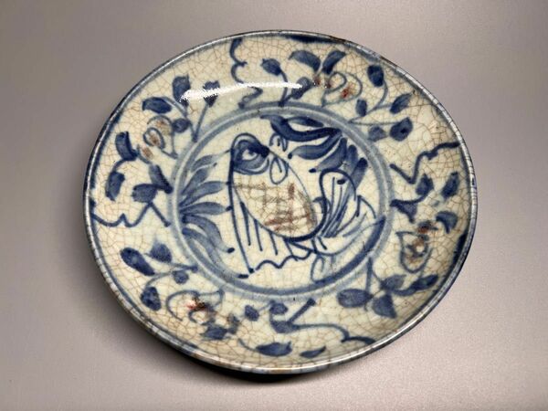 中国 古美術 古磁 手描き 青花染付 釉裏紅 花紋 魚紋 観賞皿 在銘 古玩