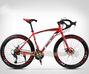 自転車 初心者 赤ロードバイク 24段変速 700C ソリッドタイヤ スチールフレーム 適用身長145-170cm， 通勤 通学