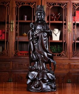 木彫仏像 仏教美術 精密細工 木彫り　黒檀木 観音菩薩像　仏像　置物 高さ30cm